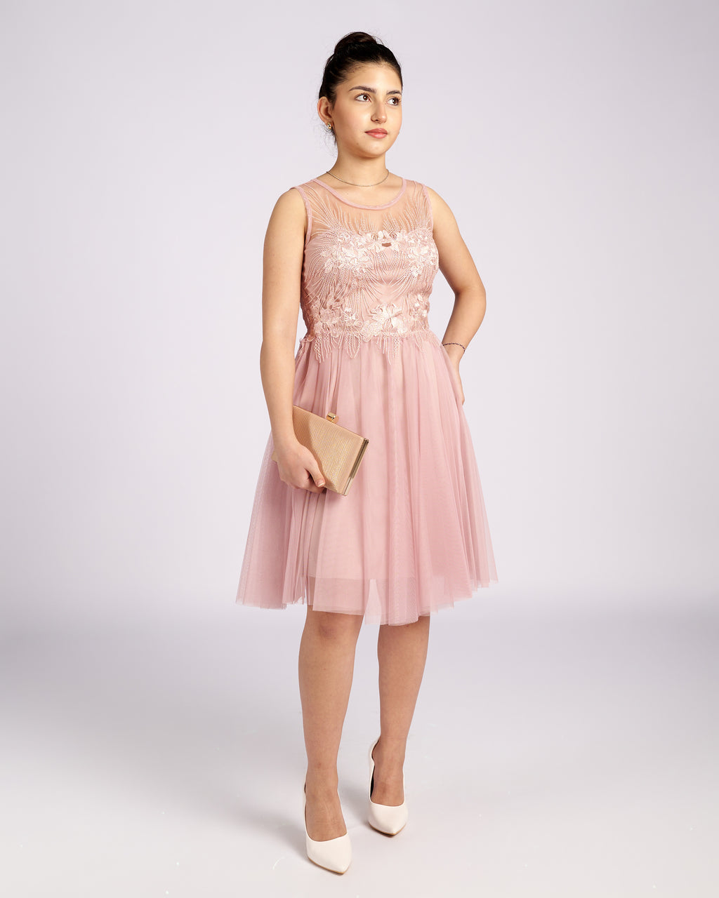 Mia Pink Tulle and Lace knee length Dress  " φορέματα βραδινά "