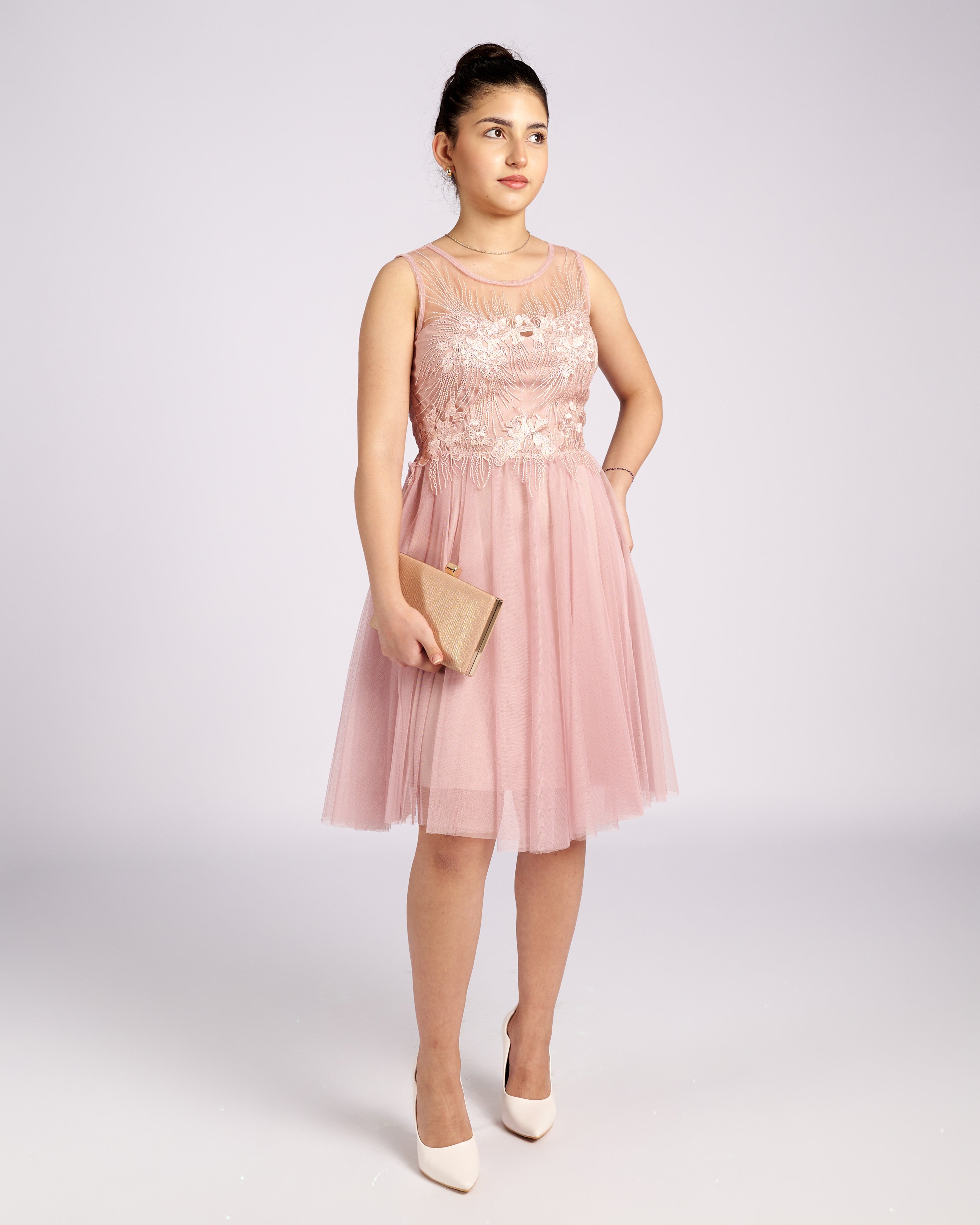 Mia Pink Tulle and Lace knee length Dress  " φορέματα βραδινά "