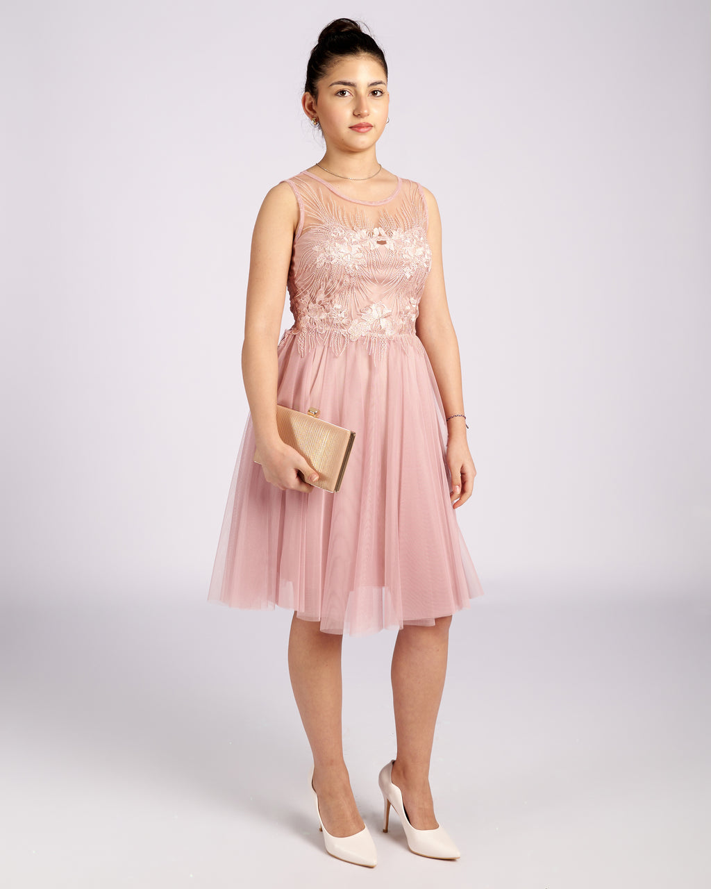 Mia Pink Tulle and Lace knee length Dress  " φορέματα βραδινά "