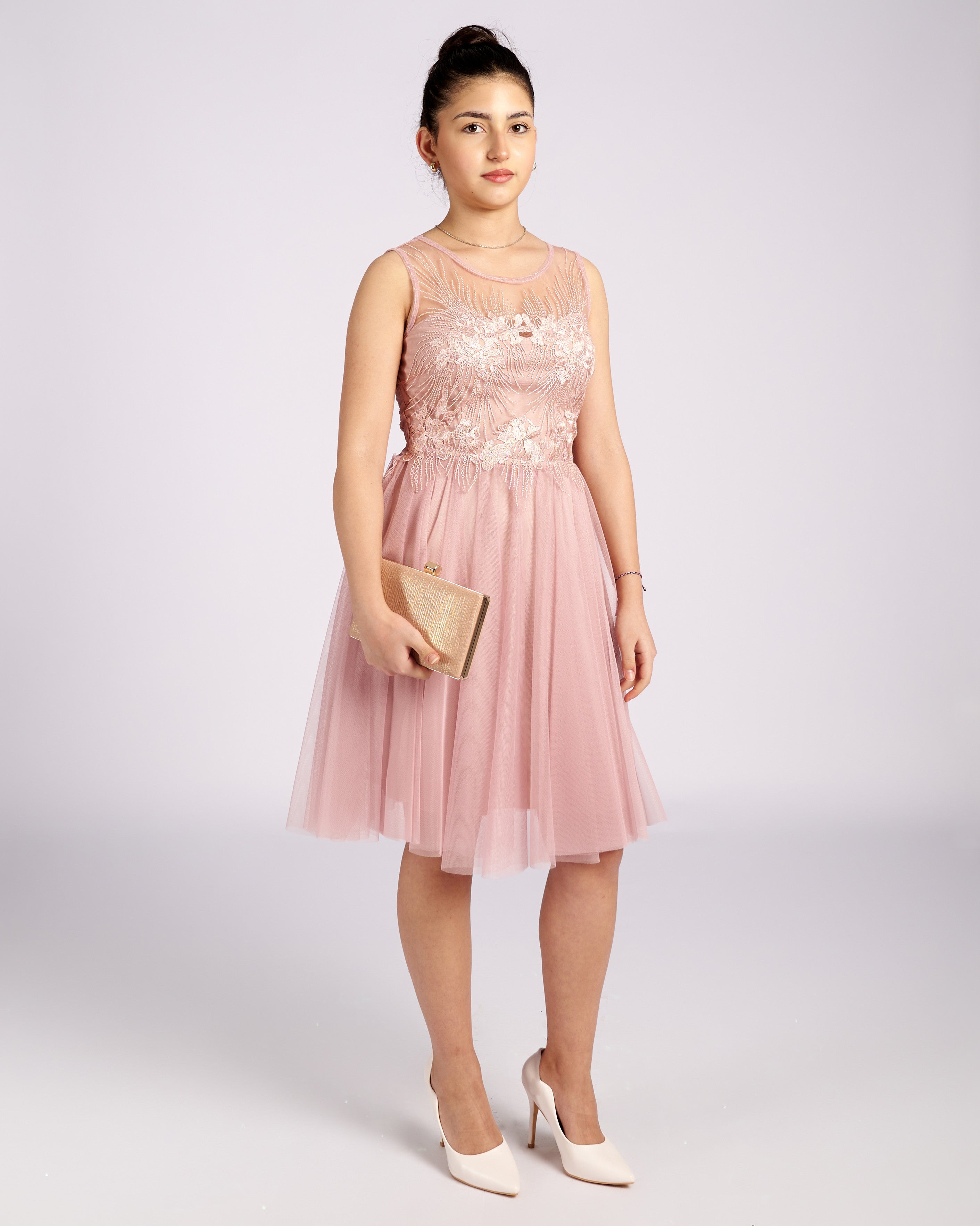 Mia Pink Tulle and Lace knee length Dress  " φορέματα βραδινά "