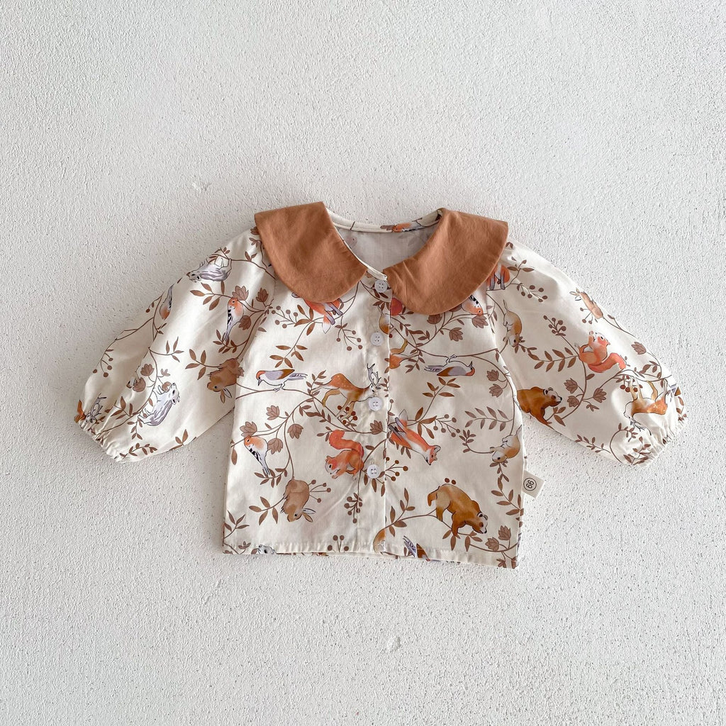 Spring and Autumn Baby Kids Unisex Flowers and Animals Pattern Long Sleeves Shirt and Sleeveless Overalls Clothing Set