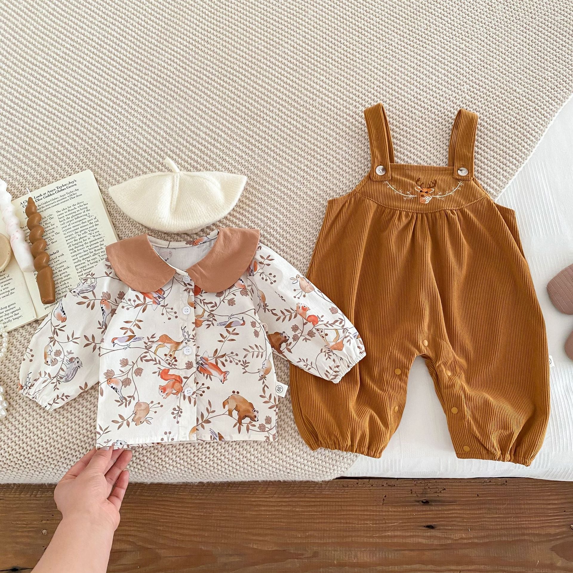 Spring and Autumn Baby Kids Unisex Flowers and Animals Pattern Long Sleeves Shirt and Sleeveless Overalls Clothing Set
