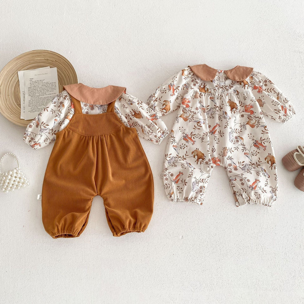 Spring and Autumn Baby Kids Unisex Flowers and Animals Pattern Long Sleeves Shirt and Sleeveless Overalls Clothing Set