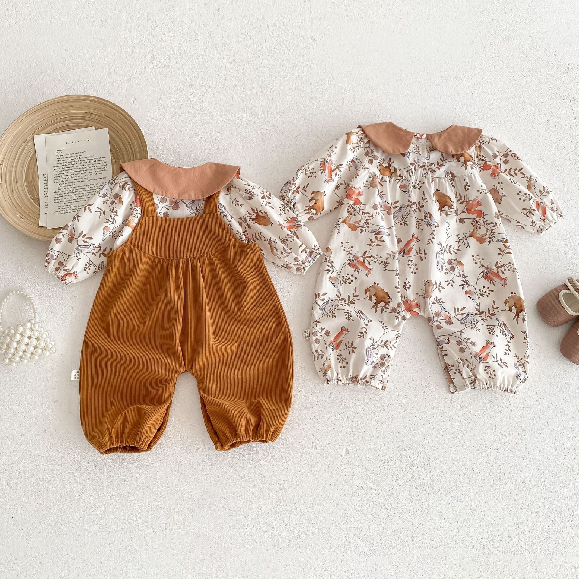 Spring and Autumn Baby Kids Unisex Flowers and Animals Pattern Long Sleeves Shirt and Sleeveless Overalls Clothing Set