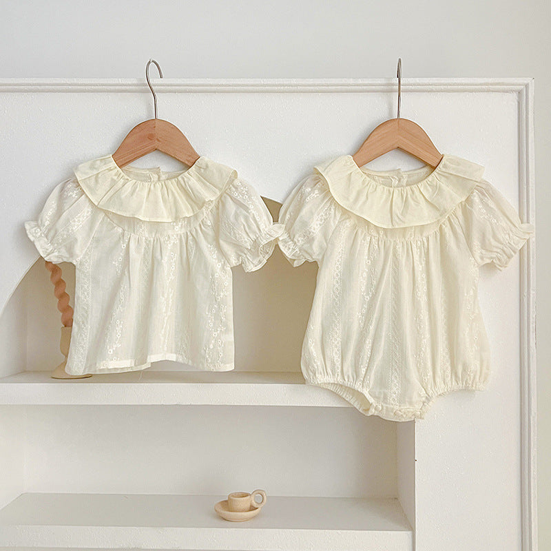 Summer Baby Girls Short Sleeves Floral Pattern Jacquard Dress And bodysuit – Princess Sister Matching Set